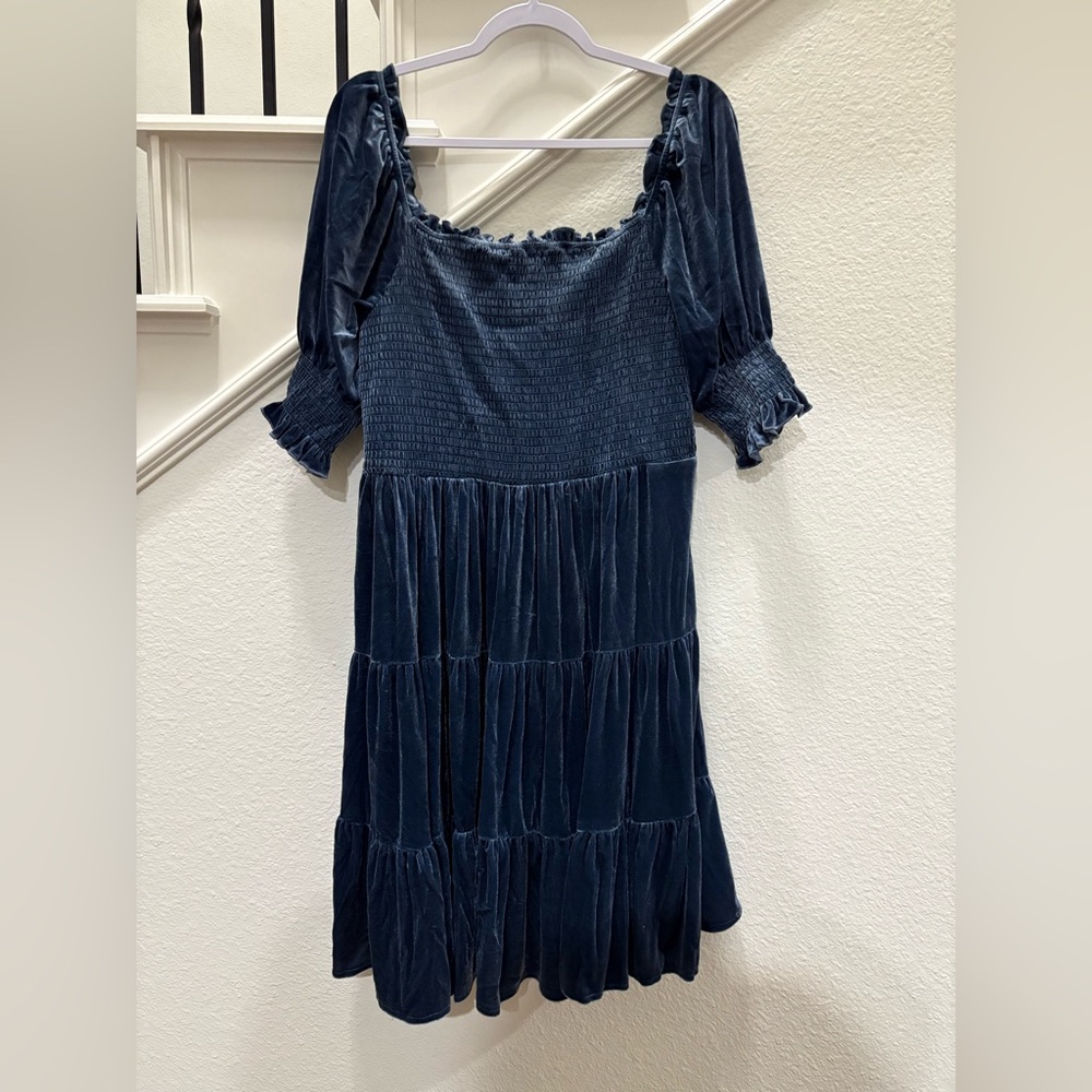 Women's Navy Velvet Tiered Smocked Dress